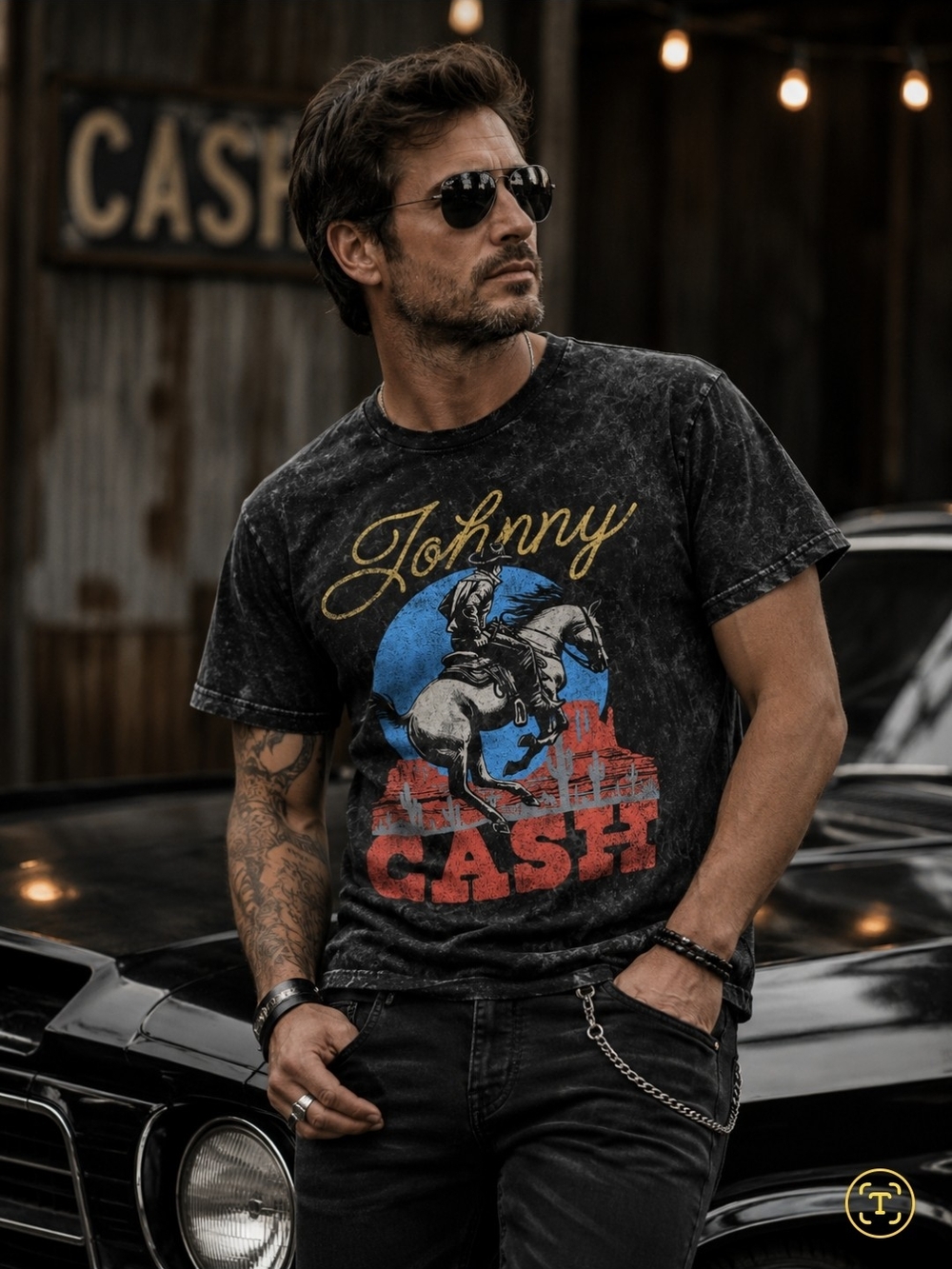 Ash Black Johnny Cash Graphic Tee with Blue & Red Print